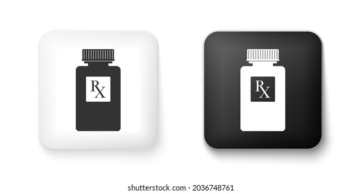 Black And White Pill Bottle With Rx Sign And Pills Icon Isolated On White Background. Pharmacy Design. Rx As A Prescription Symbol On Drug Medicine Bottle. Square Button. .