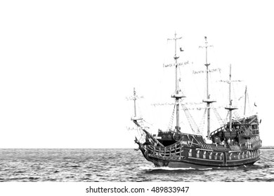 Black And White Pirate Ship Isolated On The White Background 