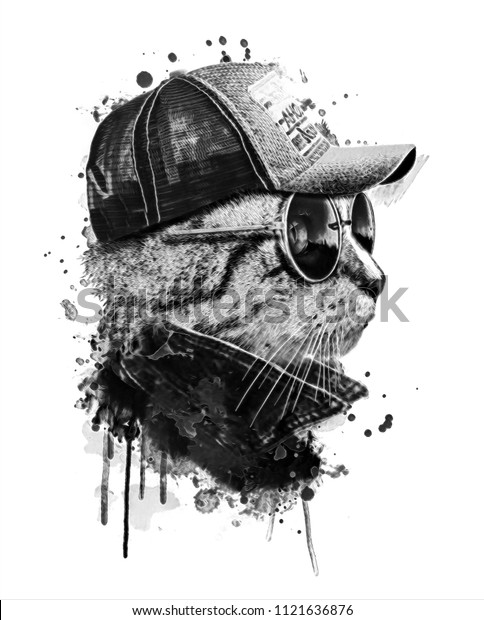 Schwarz Weiss Portrait Von Cooler Katze Mit Brille Stockillustration