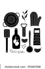 Black And White Poster For Kitchen. Hand Drawn Cooking Illustration With Kitchen Utensils