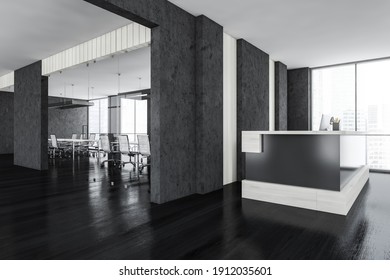 Black And White Reception Room With Conference Behind Glass Doors In Business Office. Office Desk With Computers On Parquet Floor Near Window, 3D Rendering No People