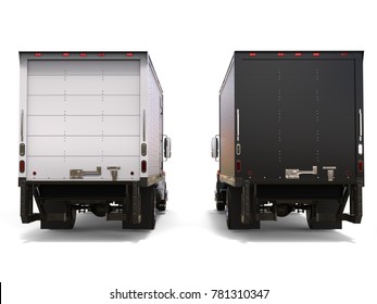 Black and white refrigerator trucks - side by side - back view - 3D Illustration