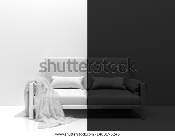 Black and white room interior\
with a black and white sofa. Creative monochrome conceptual\
illustration Divided in half into two parts in the middle. 3D\
rendering