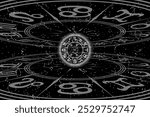 Black and White Round Frame with Zodiac Signs. Horoscope Symbol. Panoramic Sky Map of Hemisphere. Glowing Constellations on Starry Night Background. Raster. 3D Illustration