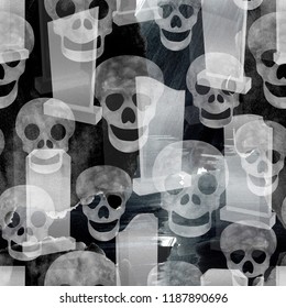 Black And White Seamless Background Pattern With Scull And Headstone. Watercolor And Digital Mixed Media Artwork. 