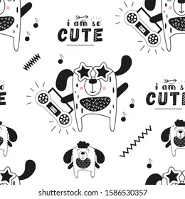 Black and white seamless pattern with cool dogs and music theme in Scandinavian style. Illustration. Kids illustration for nursery art. Great for baby clothes, greeting card, wrapping paper. - Powered by Shutterstock