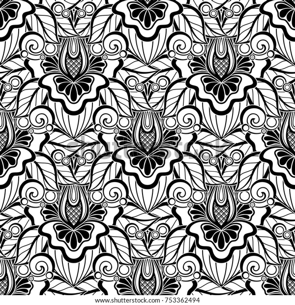 Black White Seamless Pattern Floral Motifs Stock Illustration 753362494