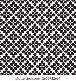 black and white seamless pattern, geometric pattern, repeating design, four-petal flower-like motifs, petal is a rounded, elongated shape, creating a seamless, tessellated pattern, curved shapes, grid
