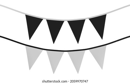 Black And White Set Of Triangular Bunting Flags, Hanging On A String For Mockup And Illustrations, 3d Rendered.