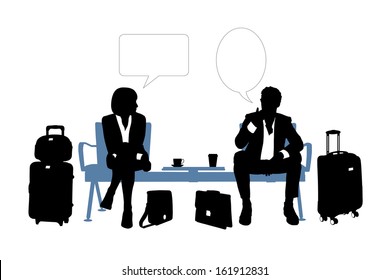 Black And White Silhouettes Of A Businessman And A Businesswoman Having Rest In Airport Lounge Area And Speaking About Their Business, A Vacant Text Bubbles Above Them