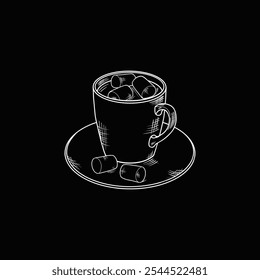 Black and white sketch drawing of a cup with a hot drink and marshmallows on a saucer. Sketch in the style of engraving on a black background, creating a cozy atmosphere. - Powered by Shutterstock