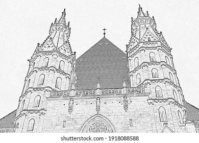 Black And White Sketch Drawing. St. Stephen's Cathedral In Vienna. The Old Building In The Gothic Style Is A Masterpiece Of Austrian Culture And The Main Attraction Of The Capital.