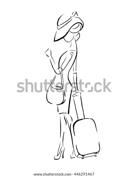 Black White Sketch Girl Hat Suitcase Stock Illustration