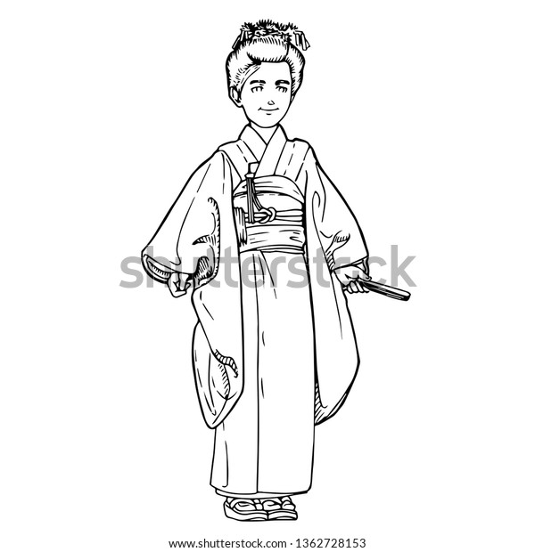 Black White Sketch Girl Traditional Japanese Stock Illustration ...