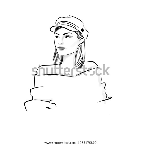 Black White Sketch Girl Wearing Hat Stock Illustration