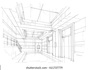 Black White Sketch Interior Design Stock Illustration 411737779 