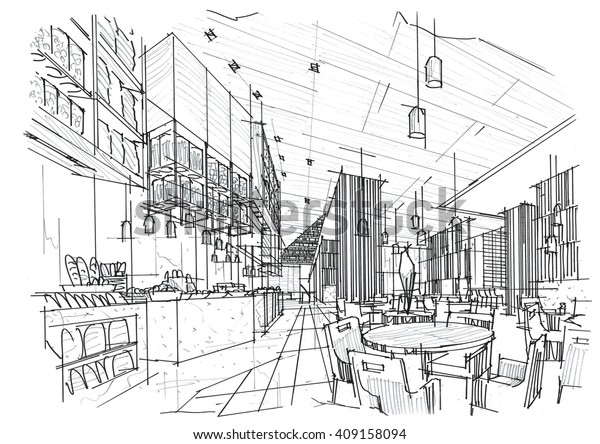 Black and white\
sketch of the interior\
design.