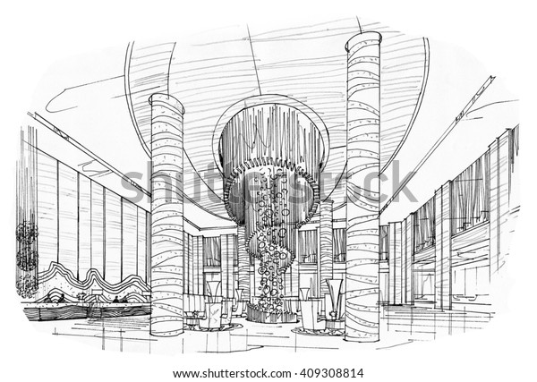 Black and white\
sketch of the interior\
design.