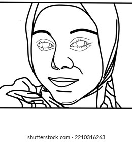 Black And White Sketch Vector Illustration For Avatar, Logo. Portrait Of Muslim Beautiful Woman In Hijab. 