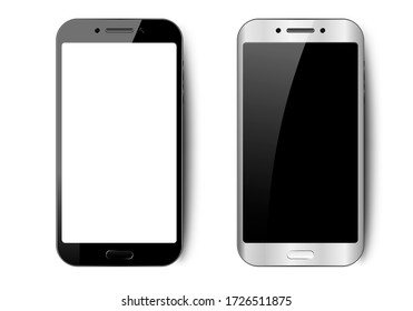 Black And White Smartphone With Shadow, Camera And Glare, Mobile Phone With Empty Screen For Your Design On Isolated Background