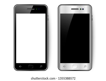 Black And White Smartphone With Shadow And Glare, Mobile Phone With Blank Screen, Isolated 

