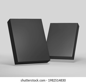 Black white software box Mockup, medium size Cardboard package box, 3d rendering isolated on light gray background, ready for your design