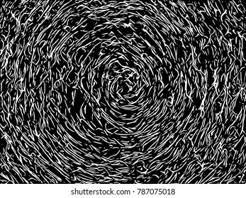 black and white spiralling circular woodcut or lino print abstract texture 
