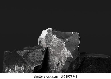 Black and white textured rocks, rough stone blocks pedestal, abstract platform dark background 3d rendering