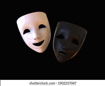 Black and white theatre masks, drama and comedy on a dark background. 3D image.