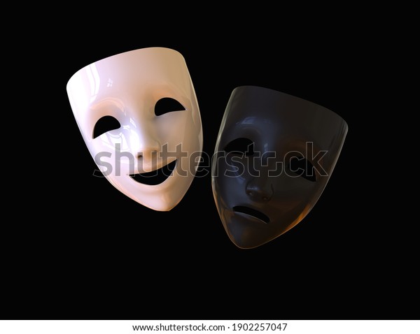 Black and white theatre masks, drama and comedy on\
a dark background. 3D\
image.