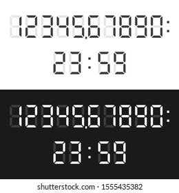 Black And White Time Or Calculator Digital Display Font Set Isolated. Numbers, Colon And Dot Or Point Characters. Flat Design. Raster Copy