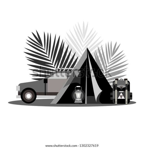 Black and white travel kit. Car, tent, marching\
backpack, lantern.