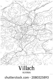 Black and white urban map of Villach Austria.This map contains geographic lines for main and secondary roads.