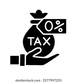 Black and white vector icon representing a tax-free money concept. A hand holding a money bag with 