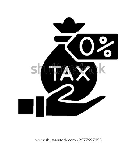 Black and white vector icon representing a tax-free money concept. A hand holding a money bag with "TAX" written on it and a "0%" tag, symbolizing zero taxation.