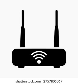 A black and white vector illustration of a wireless router with two antennas, symbolizing WiFi and internet connection. Simple icon for network and communication, Simple icon for network and communica