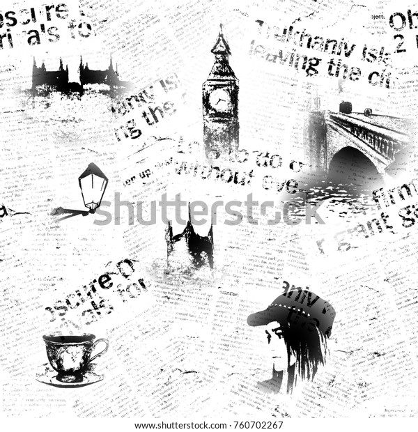 ロンドンのグランジ背景に白黒のビンテージ新聞 テクスチャー イギリスのシームレスなテクスチャーと手描きのシンボル 読みにくいテキスト 茶碗 ファッションガール 包装 壁紙 織物 織物 のイラスト素材