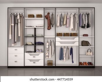 black and white wardrobe closet full of different things. 3d illustration.