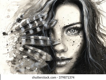 Black and white watercolor hand painted portrait of a girl with feathers and freckles. Expressive look. Ink splatters