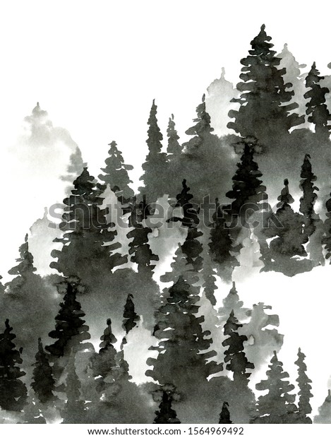 針葉樹の白黒の水影 白黒の冬の木の背景 松と樅の木の森の風景 自然のテンプレート のイラスト素材