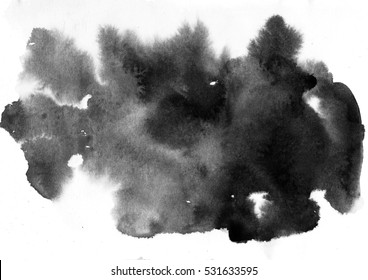 Black And White Black Watercolor Splash Background. Design Artistic Element For Banner, Print, Template, Cover, Decoration