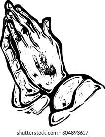 A Black And White Woodcut Style Drawing Of Praying Hands. Hand Drawn To Resemble A Woodcut Illustration.