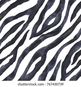 Black and white zebra striped seamless background. Watercolor hand drawn animal fur skin texture.
