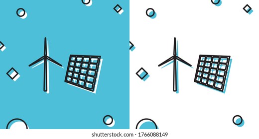 Black Wind Mill Turbines Generating Electricity And Solar Panel Icon Isolated On Blue And White Background. Energy Alternative, Concept Of Renewable Energy. Random Dynamic Shapes