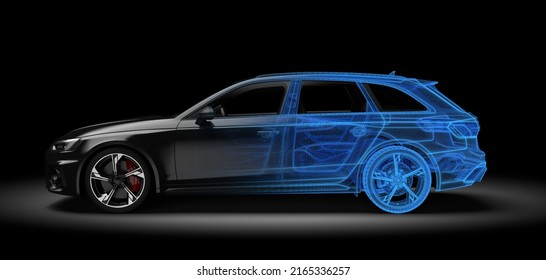 Black And Wireframe Generic And Unbranded Car. 3D Illustration