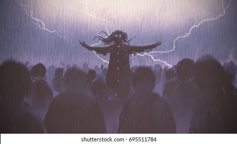 Black Wizard Raising Arms Standing Out From The Crowd In The Rain, Digital Art Style, Illustration Painting