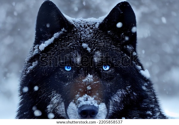 Black Wolf Blue Eyes Looking Camera Stock Illustration 2205858537