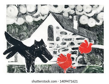 Black Wolf Chasing Red Chickens In Front Of A Stone House
In A French Village