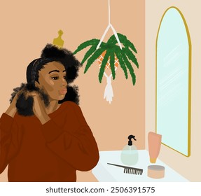 Black woman hairstyle bathroom mirror braid comb hair care products - Powered by Shutterstock