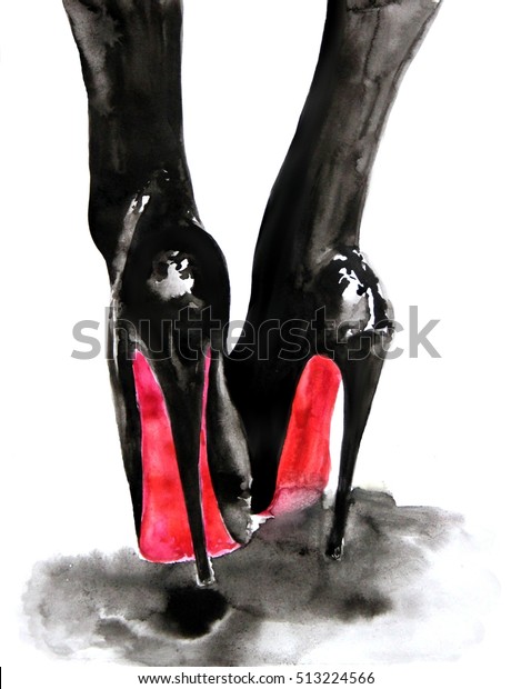 ハイヒールの黒い女性の革靴 水彩イラストファッションスケッチ アートプリント 壁画 のイラスト素材